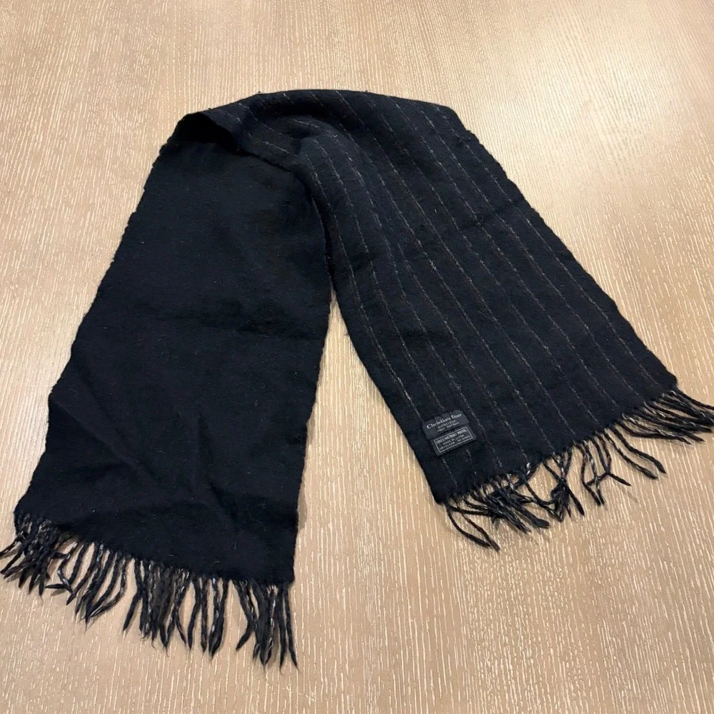 Christian Dior Monsieur 100% Merino Wool Scarf Black Pinstripe Fringe Japan